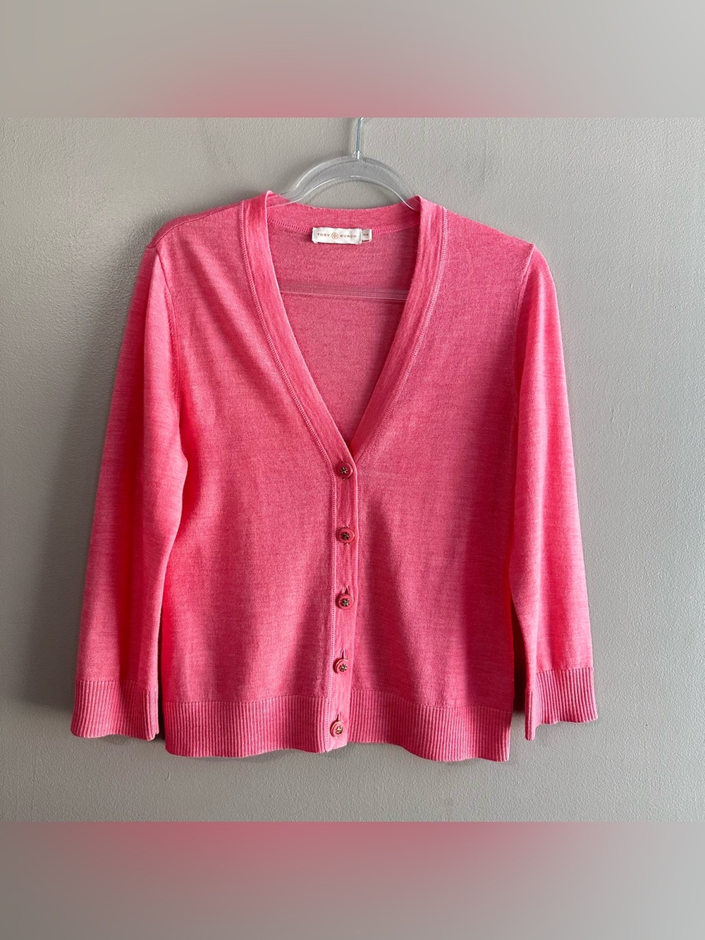Tory Burch Pink 100% Merino Wool V-neck Button Front Cardigan Womens Medium